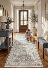 3x8 Non-Slip Washable Kitchen Vintage Runner Rug, Beige Blue