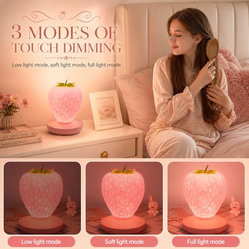 WLHONG Girls Gifts Strawberry Night Light, Silicone Strawberry Lamp Cute Small Lights, 3 Modes Dimmable Touch Bedside Lamps, Kawai Room Decor Romantic Gifts for Mom Girls Women Toddlers Teen