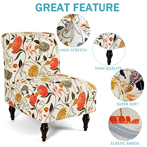 Iauddy Armless Accent Slipper Chair Cover Slipcover,Stretch Spandex Printed Removable Non-Slip Silp Cover for Accent Chair Without Arms Furniture Protector for Living Dining Room(Beige/Orange, 1)