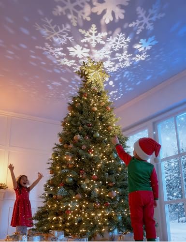 DG-Direct Christmas Tree Topper Lighted with Golden Snowflake Projector, Led Rotating Magic Snowflake, 3D Hollow Glitter Lighted Gold Snow Tree Topper for Christmas Tree Decorations