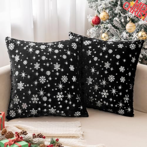 MIULEE Christmas Decorations Pillow Covers 16x16 Black Silver Snowflake
