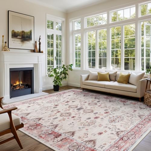 5x8 Area Rugs for Living Room, Washable Rug Vintage Floral, Red