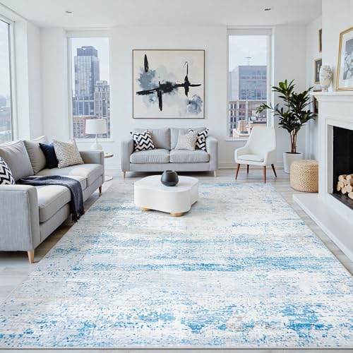8x10 Washable Area Rug for Living Room Bedroom: Non-Slip Modern Light Blue