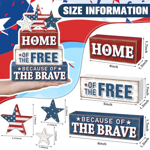 Yuntau 4 Pcs 4th of July Patriotic Table Decor Home of The Free Because of The Brave Wood Sign Red White Blue Table Centerpiece 250th Anniversary Independence Day Decor for Home Indoor Office Shelf