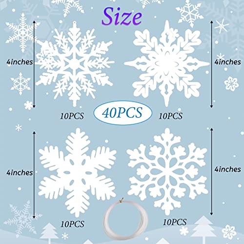 MIAHART 40 Pack Christmas White Snowflake Ornaments 4 Inch White Plastic Glitter Snowflake Ornaments for Christmas Tree Decorations Winter Wedding Xmas Party Supplies