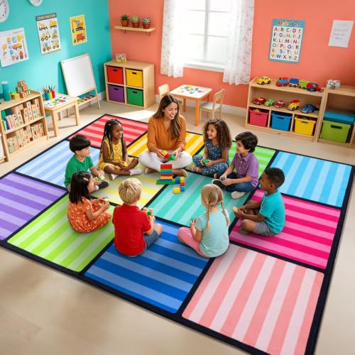 WISH TREE Color Striped Non Slip Washable 12 Seats Classroom Rug with Rubber Backing, Low Pile Kids Carpet for Preschool Kindergarten Elementary Playroom, 6x9 Feet