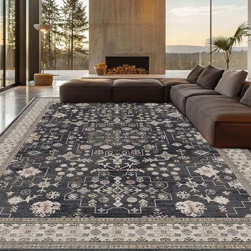 9x12 Washable Area Rugs for Living Room (Charcoal Blush Ivory)