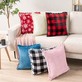 PAVILIA Light Pink Throw Pillow Covers with Pom Pom 18x18 Set of 2, Decorative Pillow Cases for Bedroom Aesthetic, Small Throw Pillows Set for Bed, Velvet Euro Plush Cushion Covers for Sofa Couch