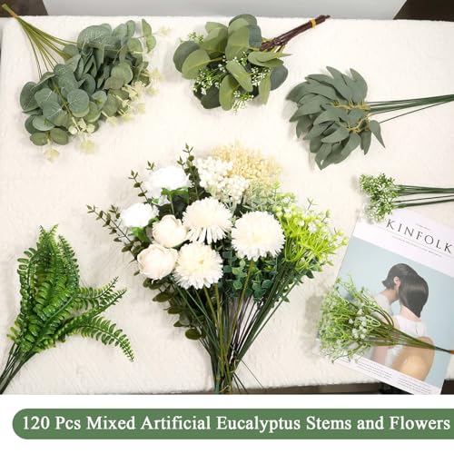Dexpinzo 120 Pcs Mixed Artificial Eucalyptus Stems Flowers Bulk, 15 Kinds | Fake Silver Dollar Eucalyptus Faux Silk Greenery Leaves for Wedding Centerpieces Vase Bouquets Floral Arrangement Home Decor