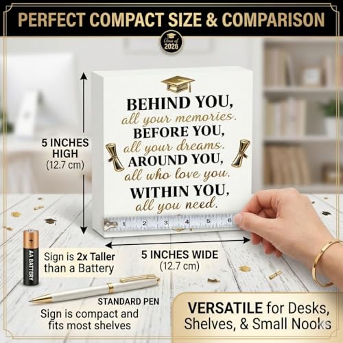 Graduation Decorations 2026 College Graduation Gifts Her for Him Quote Wood Box Sign Decor Desk Sign Positive Behind You All Your Memories Wooden Box Block Sign Rustic Home Shelf Wall Decoration