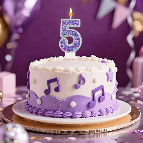 K-pop Number 5 Birthday Candle, Star Glitter Filled Number Candle, Purple Silver Fantasy Cake Topper for Birthday Party Decoration
