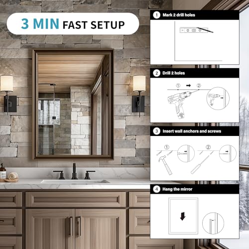 Retro Copper Effect Framed Wall Mirror, 30x36 Rectangle Mirror, Anti-desilvering Tempered Glass, Sustainable&Sturdy Frame, Anti-Rust, HD Reflection &3min Fast Setup for Bathroom Living Room