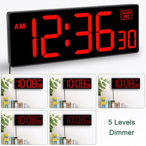 Soobest LED Digital Wall Clock, Large Digital Clock Bold Numbers with Seconds for Seniors Visually Impaired，Plug Electric Clock Dimmable Auto DST Large Display 10 Inches (Red)