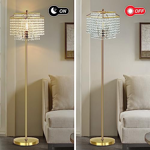 Gold Crystal Floor Lamp, 64" Tall Elegant Standing Lamp with On-Off Foot Switch, Double-Layer Lampshade, Standing Floor Lamps for Living Room, Bedroom, Office, 8W LED Bulb Included
