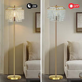 Gold Crystal Floor Lamp, 64" Tall Elegant Standing Lamp with On-Off Foot Switch, Double-Layer Lampshade, Standing Floor Lamps for Living Room, Bedroom, Office, 8W LED Bulb Included