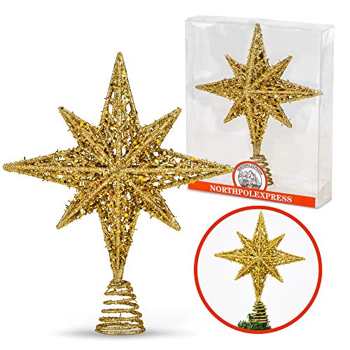 8 Inch Bethlehem Glitter Gold Star Christmas Tree Topper | Tree Toppers | Christmas Star Tree Topper | Rustic Tree Toppers Christmas Decorations | Christmas Tree Topper for 3-6 ft Trees