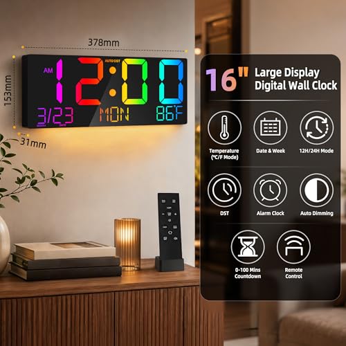 16" Large Digital Wall Clock with RGB LED Jumbo Number, Remote Control, Auto DST, Temperature,Calendar, Modern Wall Mount Digital Clock for Living Room, Classroom, Office Wall, Senior Bedroom