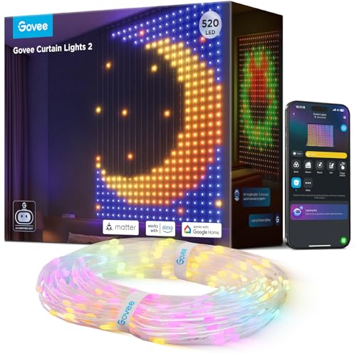 Govee Curtain Lights 2, 520 LEDs, Smart LED Curtain Light with DIY GIF AIGC, Non-Splicable, RGBIC Color Changing Holiday Lights for Indoor Outdoor Bedroom Window Decor, IP65 Waterproof, 4.9×6.6ft