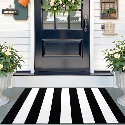OLANLY Black and White Striped Rug 2'4" x 3'7" (27.5" x 43") – Washable Cotton Indoor Outdoor Doormat for Front Door, Entryway, Kitchen, Porch, Patio Decor