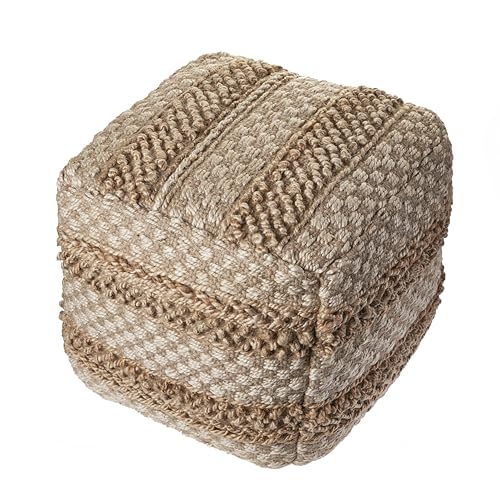 LR Home Natural/Off-White Square Ottoman Pouf for Home Decor | Striped Hand-Woven Jute Cotton Blend Square Pouf Ottoman Foot Rest for Bedroom & Living Room Decor | 18" D X 18" W X 18" H