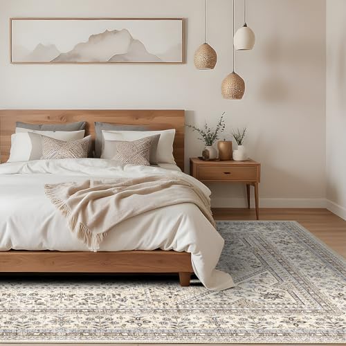 10x14 Washable Area Rug for Living Room - Non-Slip Vintage Rugs Beige Gray