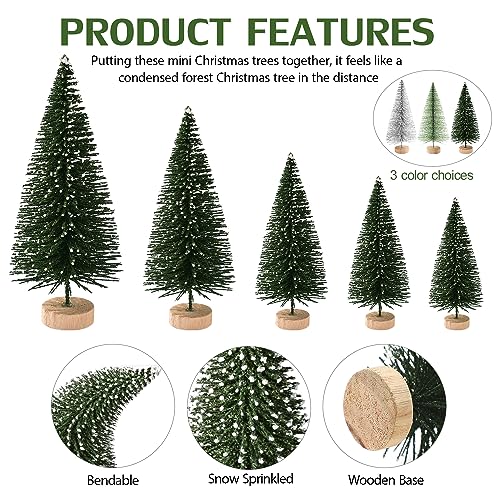 30Pcs Mini Christmas Tree Decor, Artificial Christmas Tree 5 Sizes,Mini Sisal Snow Frost Trees with Wooden Base for Christmas Decor Christmas Party Home Table Craft Decorations (A-Green/Silver)