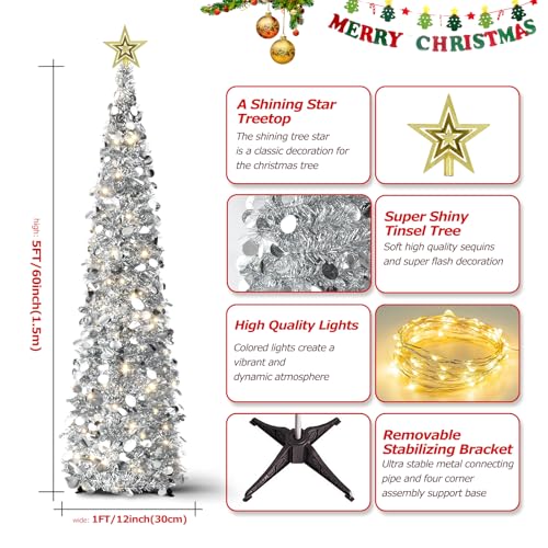 5FT Pop Up Christmas Tree with Lights and Tree Topper- Collapsible Artificial Tinsel Pencil Christmas Tree, Skinny Xmas Tree for Indoor Home Apartment Porch Holiday Party Decorations(Silver)
