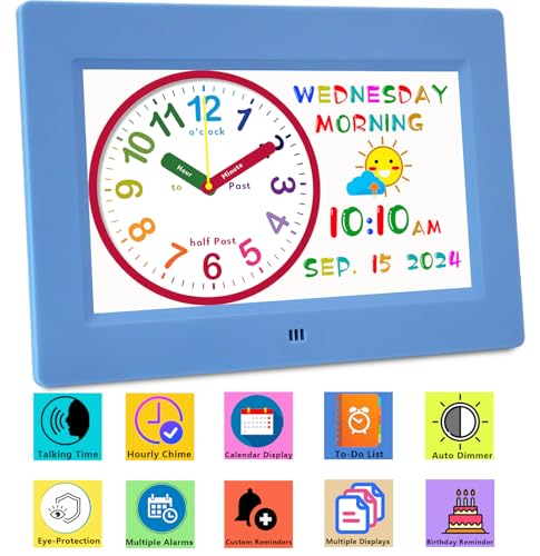 Véfaîî Digital Teaching Clock Talking Time, 24 Alarms Custom Reminders, Checklist to-Do List, Auto DST & Calendar Display, Sleep Trainer, Easy to Use for Kids Birthday Gift- Blue with Remote