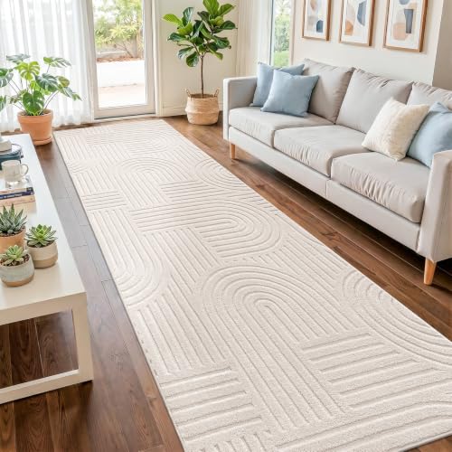 SHACOS Soft Cozy Fluffy Arch High Low Pile Runner Rugs 3x8 ft Non Slip Washable Scandinavian Minimalist Area Rug Runner Modern Carpet for Living Room Bedroom Bathroom Hallway Kitchen, Beige