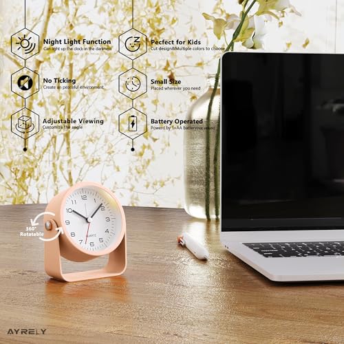 AYRELY® 3.5 Inch Small Analog Alarm Clocks,Battery Operated Desk Clock,Cute Table Clock with Light，Adjustable Angle for Travel,Bedside,Bedroom,Kids,Living Room Decor (Pink)