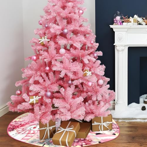 Pink Christmas Tree Skirt 48 Inch Pink Christmas Decorations Merry Christmas Santa Snowman Tree Skirt Mat Christmas Tree Decorations for Xmas Holiday Party Indoor Outdoor