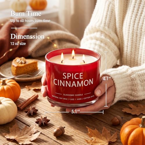 slashome Spice Cinnamon Scented Candle, 12 Oz 3-Wick Soy Wax Fall Decor