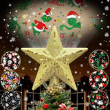 10" Christmas Tree Topper Projector with 6 Projection Modes, Built-in LED Rotating Light, 3D Glitter Dynamic Projector Light Up Tree Topper Star for Xmas Holiday Party Decorations Gifts (Gold)