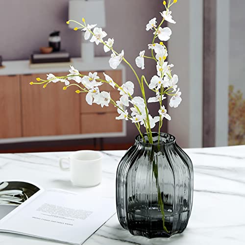 Black Grey Glass Vase for Flowers,Dark Grey Bud Tall Glass Vases,H-8.0" Simple Striped Design for Home Floor Decor,Farmhouse Decor, Centerpiece Coffee Table Decorations