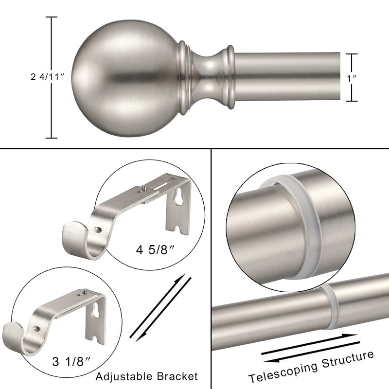 Brushed Nickel Curtain Rods for Window 36 to 72 Inch, Adjustable 1-Inch Thicken Single Drapery Rods, Telescoping, Decorative Round Finial