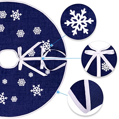 N&T NIETING Christmas Tree Skirt, 30 Inch Rustic Burlap Tree Skirt with Snowflakes Printed Christmas Tree Mat for Xmas Holiday Party Decoration, Dark Blue