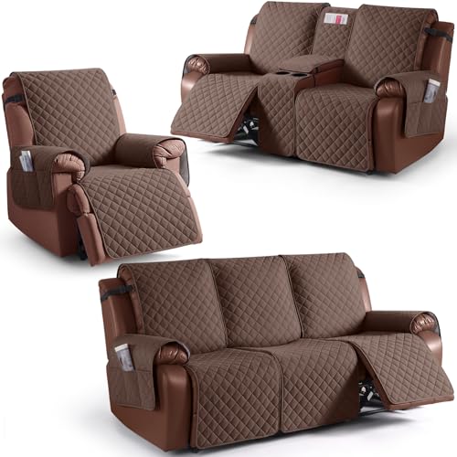 KinCam 100% Waterproof Recliner Loveseat Cover with Console X1, Recliner Couch Covers X1, Recliner Chair Covers X1(Deep Brown)