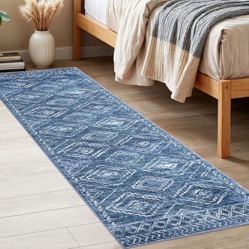 KILOCOCO Runner Rug 2x6 Non Slip Washable Runner for Hallway Kitchen Runners Soft Printed Low-Pile Machine Washable Foldable Floor Blue Runners Rug for Entryway Bedroom Living Room Bathroom