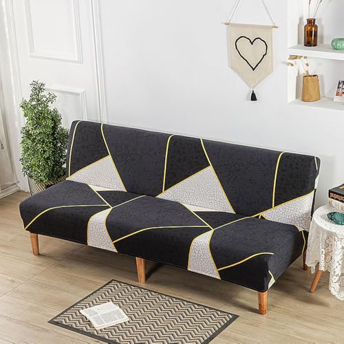 Hixingo Stretch Armless Futon Cover, Futon Mattress Cover Washable Futon Covers with Elastic Bottom, Simple Geometry Futon Slipcovers Soft Futon Couch Cover (Medium (59-75"),Black Gold)