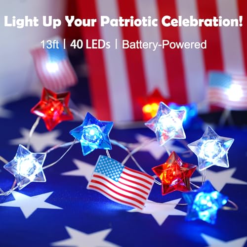 BOHON 4th of July Decorations Battery Operated String Lights with Timer 13 ft 40 LEDs Red White and Blue Star American Flag Lights for Home Patriotic Memorial Independence Day Fourth of July Decor