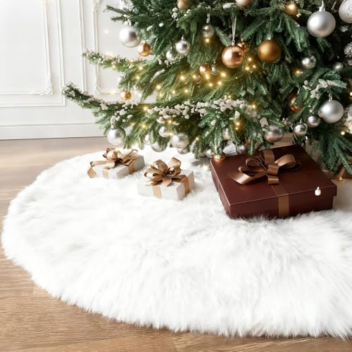 60 Inch Large Christmas Tree Skirt Faux Fur Snow White Plush Tree Mat Base Cover for Merry Christmas Party Holiday Home Indoor Xmas Tree Decorations