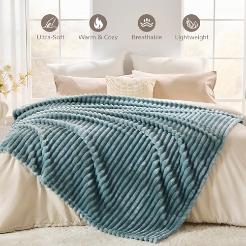Dusty Blue Striped Throw Blanket, 330GSM Soft Plush Fleece Blanket for Couch Sofa Travel, Decorative Cozy Giftable Home Blanket, 50x70 Inches