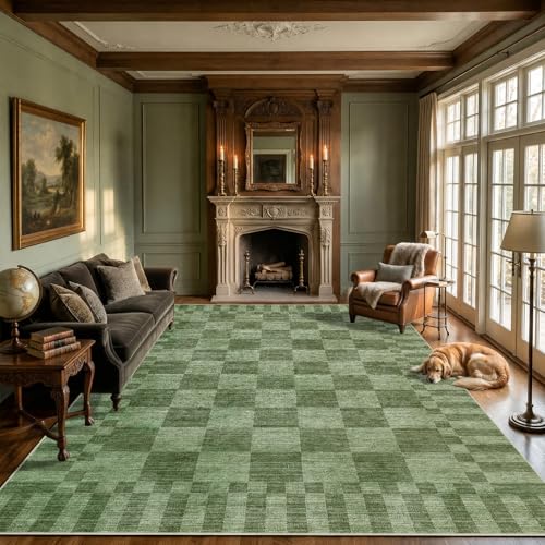 GarveeHome 8x10 Area Rugs Geometric Washable Moss Green Checkered Rug