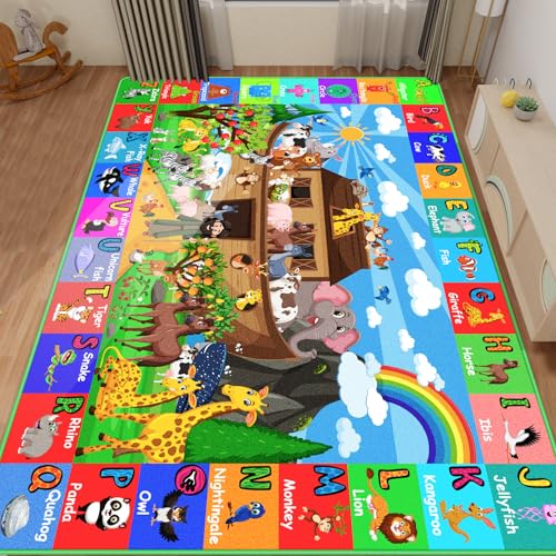 ABC Kids Rug for Playroom 78.7×59 in Noah's Ark Animals Rug Play Mat Alphabet Playmat Shape Color Classroom Carpet Kids Playroom Early Learning Carpet for Preschool Tummy Time
