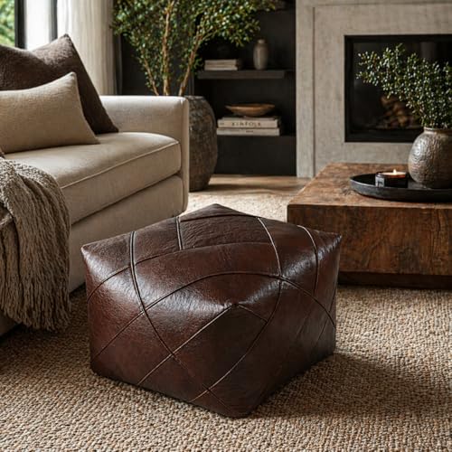 Handmade Moroccan Leather Pouf – Delivered Unstuffed – Ottoman, Footstool, Footrest, Hassock, Floor Cushion – Modern Living Room, Artisan Crafted (Dark Brown, 20 x 20 x12 inches)