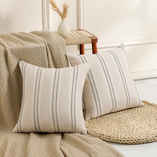 Hckot Throw Pillow Covers 20x20 Set of 2 Striped Pillow Covers Textured Linen Decorative Pillows Square Cushion Covers for Sofa Couch Bed Living Room Farmhouse Decor, Grey