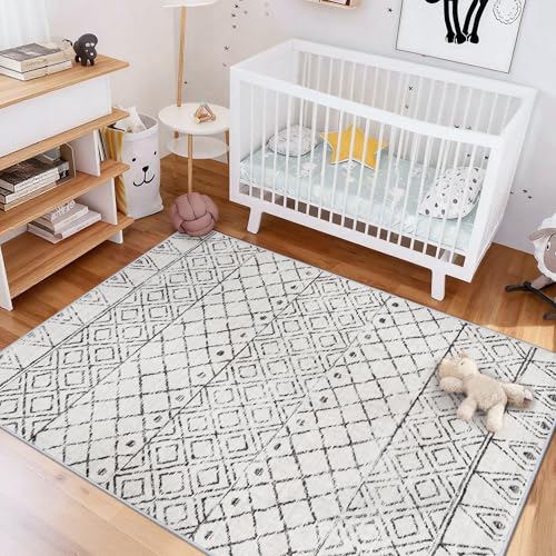 4x6 Moroccan Geometric Washable Runner:Boho Non Slip Area Rug Grey