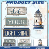 Lineshading 4 Pcs Beach Coastal Table Decor Wooden Lighthouse Decoration with Starfish Summer Tiered Tray Decor Blue and White Ocean Centerpieces Rustic Beach House Nautical Decorations for Home Shelf