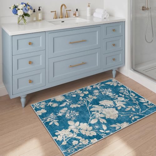 Soalmost Floral Washable Rugs 2x3, Soft Doormat for Entryway Navy Blue