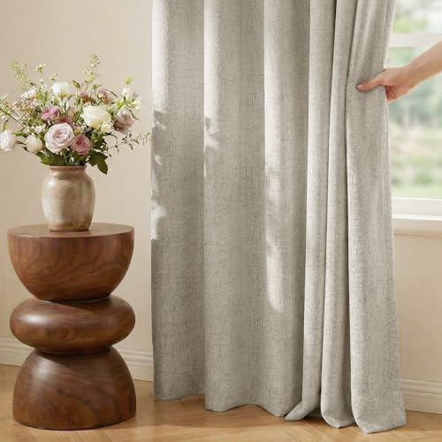 NICETOWN 100% Blackout Linen Beige Curtains 84 inches Long for Living Room, White Liner Composite Grommet Bedroom Thermal Drapes Casual Home Decor Window Treatments, 2 Panels, W52 x L84